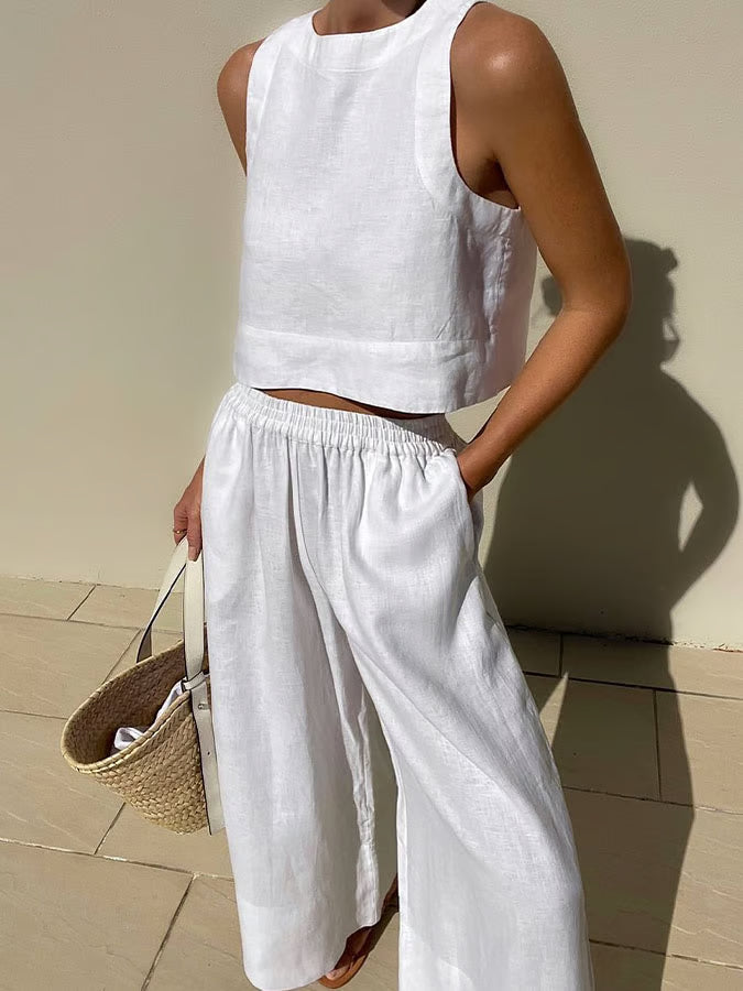 Conjunto casual de lino de color liso