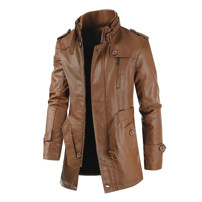 Chaqueta de cuero biker elegante y larga